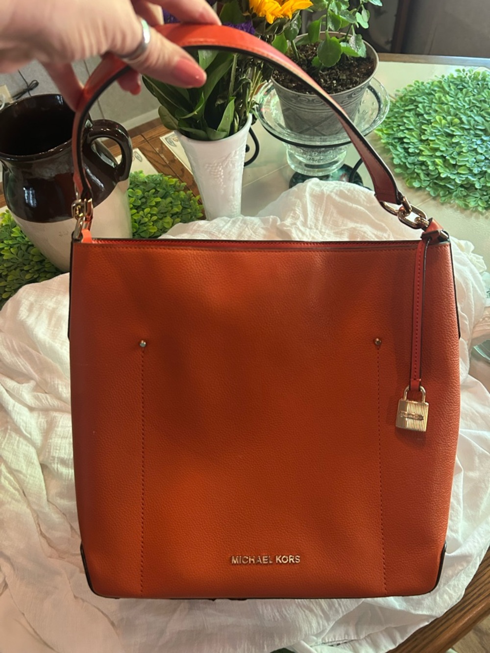 Michael Kors Orange Pebbled Leather bucket Shoulder bag